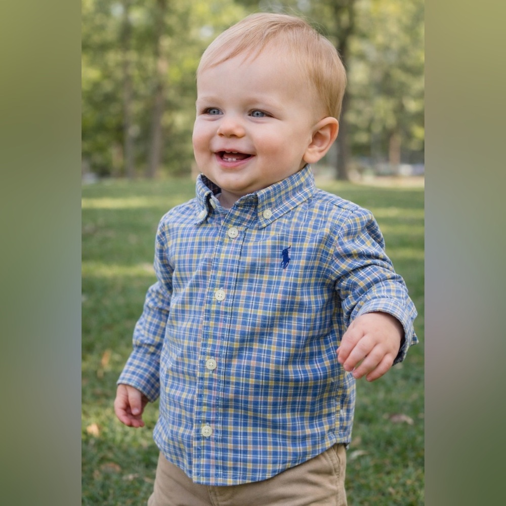 RALPH LAUREN Infant Boys Blue Plaid Button-Up Shirt Size 12 Months Cotton